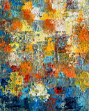 A New Dawn, original 10×8 inch acrylic abstract painting featuring deep blue, turquoise, orange, golden yellow, red and white textured layers