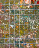 Abstract textured acrylic painting with olive, ochre, teal, rust, coral, cream, and blue tones arranged within a white grid.