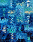 A Quiet Awakening, original 10×8 inch acrylic abstract painting featuring deep blue, indigo, turquoise and pale blue richly textured layers