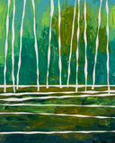 Abstract acrylic painting featuring textured shades of emerald, teal, and fresh green intersected by expressive white vertical and horizontal lines, evoking renewal and the calm after rainfall.