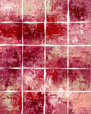 Original abstract acrylic painting with a white grid over textured rose, blush, crimson, and cream tones by Sanjay Dhawan.
