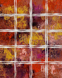 Abstract acrylic painting featuring a textured grid of deep red, burnt orange, ochre, and purple tones, evoking the warm glow and changing colors of autumn.
