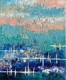 Azure Passage, original 12×10 inch acrylic abstract painting on stretched canvas with layered aqua, turquoise, blue, peach and deep indigo textures