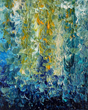 Azure Resonance, original 10×8 inch acrylic abstract painting with deep blue, indigo, turquoise, green, creamy white and golden yellow textured layers