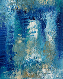 Abstract acrylic painting in layered blues, whites, and soft earth tones with rich textures, evoking flowing water, mist, and a serene contemporary landscape.