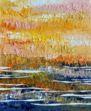 Beyond the Horizon, original 12×10 inch acrylic abstract painting on stretched canvas with golden yellow, ochre, pink, cream and deep blue textured layers