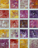 Abstract acrylic painting featuring a textured grid of blush pink, lavender, golden yellow, cream, and violet squares, evoking the warmth and freshness of spring.