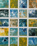 Borrowed Light – Original abstract acrylic painting by Sanjay Dhawan featuring twenty textured panels in soft blues, teals, greens, ochres, and ivory.