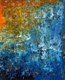 Abstract acrylic painting with richly textured blue, teal, ochre, and golden hues blending seamlessly, evoking movement, transition, and quiet emotional flow.