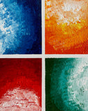 Common Ground – Original abstract acrylic painting by Sanjay Dhawan featuring four textured colour fields in blue, gold, crimson, and teal arranged in a contemporary geometric composition.
