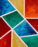 Original abstract acrylic painting with intersecting white lines connecting bold blue, emerald, gold, orange, and crimson geometric forms by Sanjay Dhawan.