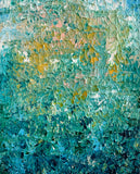Depths of Serenity, 10 × 8 inch abstract acrylic painting by Sanjay Dhawan featuring richly textured teal, turquoise, deep blue, and golden accents.