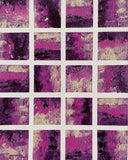 Abstract acrylic painting featuring a grid of textured squares in violet, purple, magenta, and cream, evoking the quiet atmosphere and reflective beauty of evening.