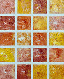Echoes of Warmth, original 10×8 inch acrylic abstract painting featuring textured geometric forms in ochre, amber, terracotta, rust, burgundy and cream