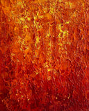 Abstract textured acrylic painting in crimson, burnt orange, amber, and golden yellow, evoking glowing embers and the warmth of a rising sun.