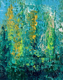 Abstract textured painting in emerald, turquoise, teal, and yellow-green tones, evoking sunlight filtering through a lush forest canopy.