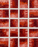 Abstract acrylic painting featuring a textured grid of crimson, terracotta, coral, and burgundy squares, evoking the warmth of glowing embers at dusk.