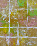 Abstract acrylic painting with textured olive green, golden ochre, soft pink, cream, and earthy tones arranged in a geometric grid.