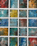 Gathered Moments – Original abstract acrylic painting by Sanjay Dhawan featuring twenty textured panels in blue, teal, ochre, crimson, and neutral tones.