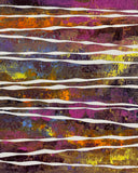 Held in Motion – Original abstract acrylic painting by Sanjay Dhawan featuring layered violet, magenta, gold, and blue textures intersected by flowing white horizontal lines.