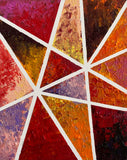 Intersections, original 10×8 inch acrylic abstract painting with richly textured crimson, burgundy, orange, ochre and violet sections divided by bold white lines.