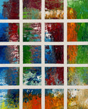 Abstract acrylic painting featuring a colourful grid of textured squares in blue, green, red, orange, and white, symbolizing diverse memories, journeys, and interconnected experiences.