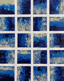 Abstract acrylic painting in deep cobalt, navy, and indigo blue with textured white and pale blue areas evoking moonlight across moving water.