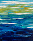 Quiet Horizon – Original abstract acrylic painting by Sanjay Dhawan featuring layered blue and green horizontal brushstrokes with white linear accents.