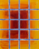 Abstract acrylic painting with vibrant yellow, orange, and red tones arranged in a blue-white grid, creating a radiant composition inspired by warm sunlight.