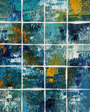 Silent Tides – Original abstract acrylic painting by Sanjay Dhawan featuring layered blue, teal, and white textured panels with subtle golden accents.