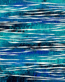 Abstract acrylic painting with layered turquoise and deep blue tones intersected by flowing horizontal white lines, creating a calm sense of movement and an expansive horizon.