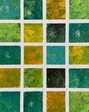 Abstract acrylic painting featuring a grid of textured squares in vibrant shades of green, teal, turquoise, chartreuse, and golden yellow, creating a rhythmic composition that evokes growth, renewal, and quiet optimism.