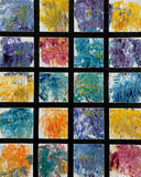 Soft Radiance – Original abstract acrylic painting by Sanjay Dhawan featuring twenty textured panels in lavender, turquoise, golden yellow, coral, and white.