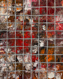 Still Here – Original abstract acrylic painting by Sanjay Dhawan featuring richly textured crimson, ivory, ochre, and charcoal tones within a contemporary geometric grid.