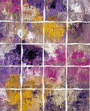 Original abstract acrylic painting with a white grid over textured violet, blush, cream, and golden tones by Sanjay Dhawan.