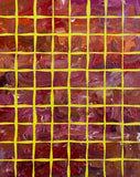 The Last Glow – Original abstract acrylic painting by Sanjay Dhawan featuring a richly textured crimson composition with a vibrant yellow geometric grid.