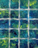 Abstract acrylic painting with deep blue, teal, emerald, and green textured forms arranged within an irregular white geometric grid.