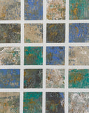Abstract acrylic painting featuring a textured grid of muted blue, teal, beige, and earthy-toned squares, evoking time, perspective, and layered contemporary abstraction.