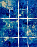 Abstract acrylic painting featuring textured cobalt and ultramarine blue squares divided by a hand-drawn white grid, evoking the calm depth of a quiet sea.