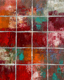 The Unsaid – Original abstract acrylic painting by Sanjay Dhawan featuring layered crimson, ochre, teal, and ivory textures within a contemporary geometric composition.