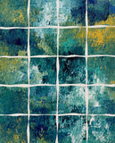 Abstract acrylic painting featuring a textured grid of teal, blue, white, and ochre squares, evoking a quiet journey through layered landscapes and shifting light.