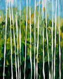 Through the Quiet – Original abstract acrylic painting by Sanjay Dhawan featuring layered green textures and delicate white vertical lines in a contemporary composition.