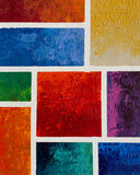 Abstract acrylic painting featuring a colourful grid of textured squares in red, blue, green, yellow, orange, and purple, celebrating individuality, balance, and contemporary geometric abstraction.