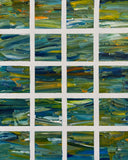 Unfolding Days – Original abstract acrylic painting by Sanjay Dhawan featuring twenty textured panels with layered blue, green, and ochre brushstrokes in a contemporary composition.