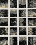 Unspoken – Original abstract acrylic painting by Sanjay Dhawan featuring twenty textured monochrome panels in black, grey, ivory, and cream arranged in a contemporary geometric grid.