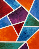 Vibrant abstract acrylic painting featuring geometric shapes in red, orange, blue, turquoise, green, and violet separated by white lines.