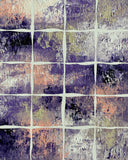 Abstract textured acrylic painting in lavender, ivory, sage, peach, and violet, arranged in geometric sections with soft, atmospheric variations of light and color.