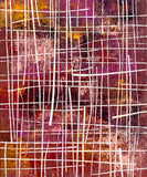 Threads of Memory, original 12×10 inch acrylic abstract painting on stretched canvas with rich burgundy, purple, red, ochre and pink tones, intricate off-white lines and off-white painted sides
